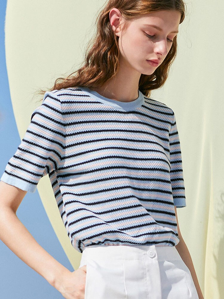 Luxury Knitted T-Shirt For Women Summer High Quality O-Neck Short Sleeve Blue Striped Casual Tops