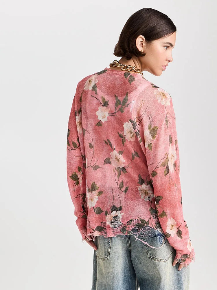 sweater Spring Summer Floral Broken Linen Knit Women's Coat Thin Long Sleeve Women top