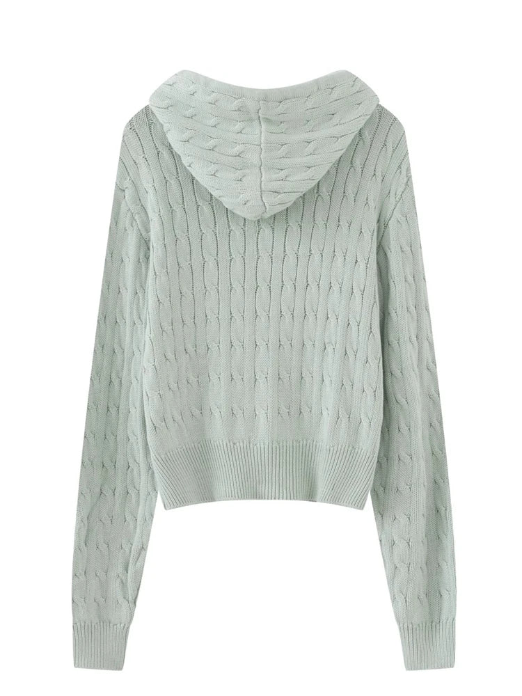 Casual Women Light Green Knit Cardigans Fall Solid Long Sleeves Zip-up Sweaters