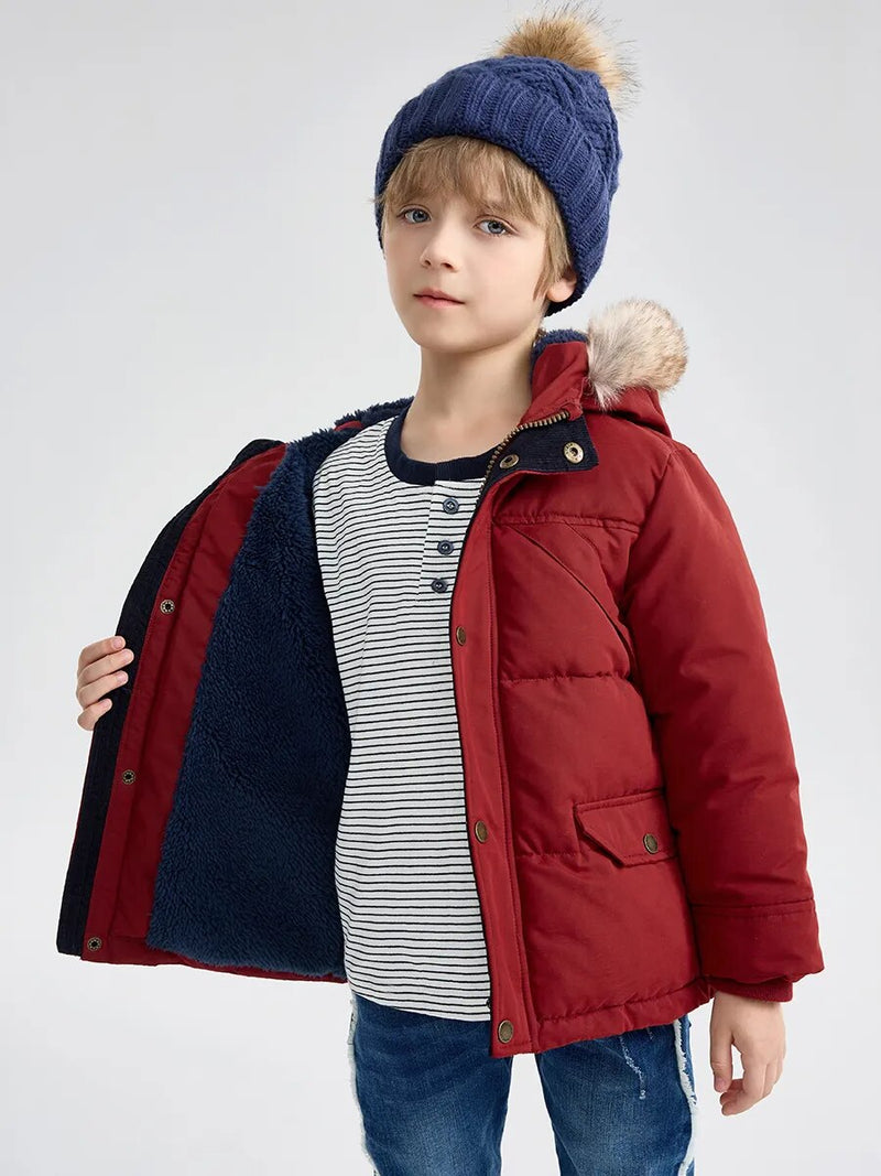 Little Boys Winter Jacket Toddler Kids Puffer Faux-Down Sherpa Lined Fur Hood Mid-Weight Water-Resistant Coat