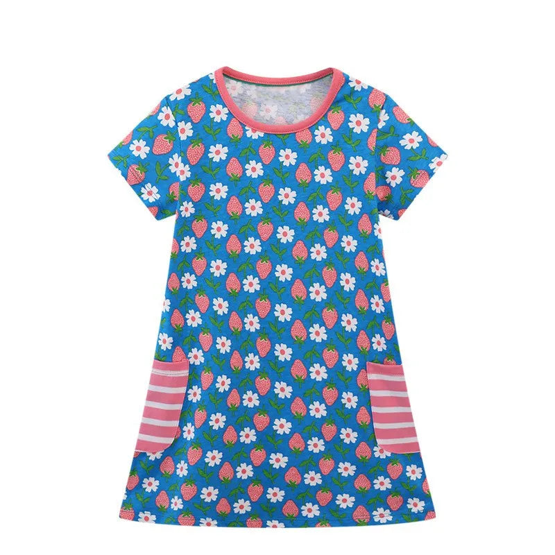 Summer Princess Girls Dresses With Pockets Strawberry Kids Clothing Cotton Baby