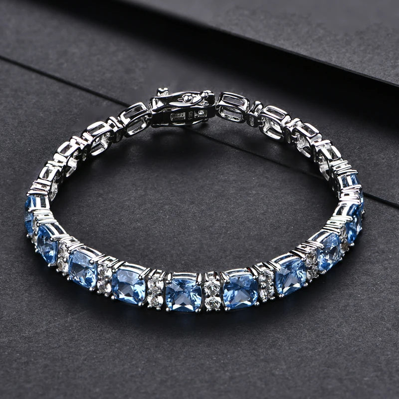 Silver Jewellery Original Created Blue Spinel Bracelet Tennis Bracelets For Women Luxury Gift Wedding Authentic