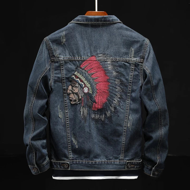 Men Denim Jacket Embroidery Ripped Casual Motorcycle Outwear Male Clothes