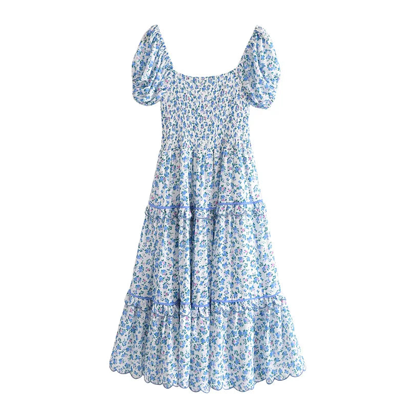 Retro French Style Women White Blue Flower Holiday Dress