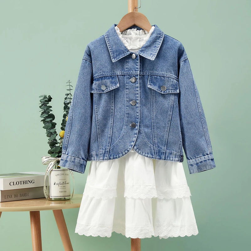 Denim Jacket with White Lace-Trim Dress for Girls