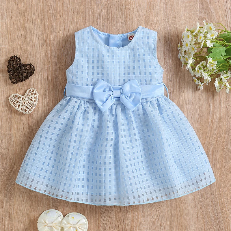 Princess Infant Baby Girls Party Dress Solid Plaid Sleeveless Sundress With Bowknot Belt