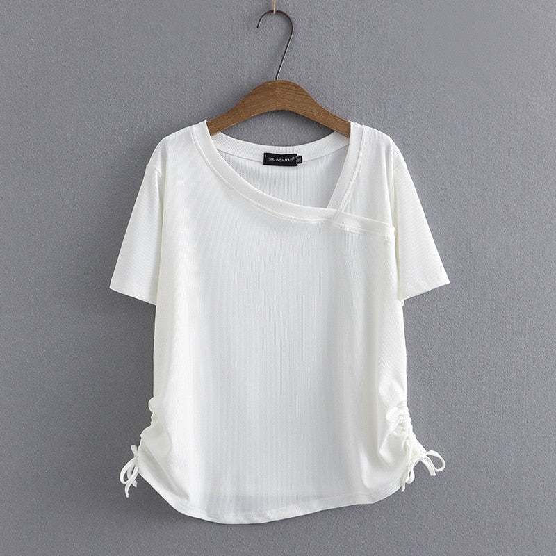 Summer Basic T-Shirt Women Skew Collar Tees Short Sleeve Drawstring On Both Sides Tops Curve Clothes