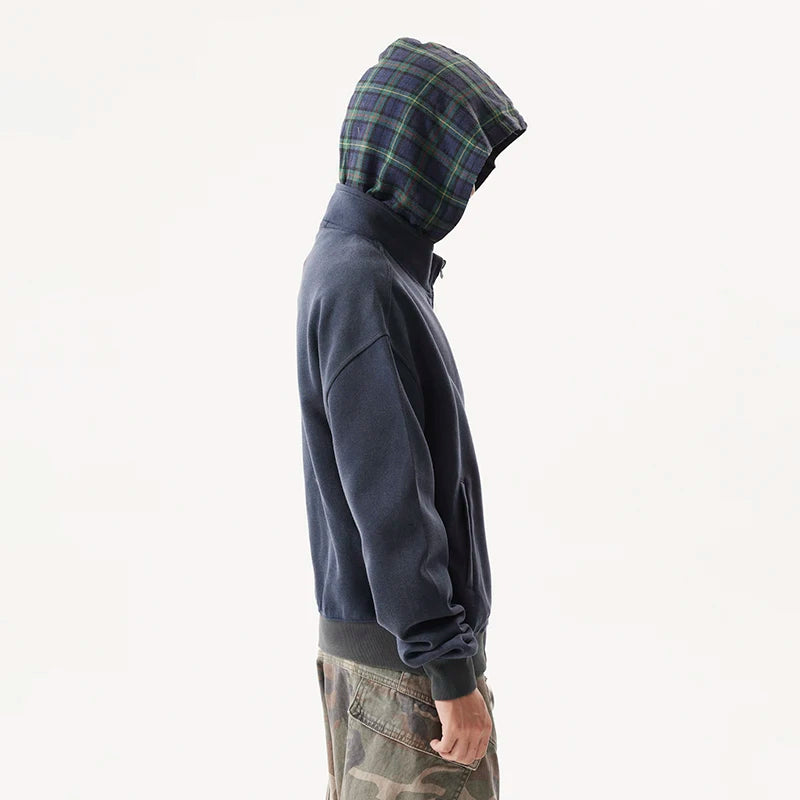 Plaid Patchwork Streetwear Hooded Sweatshirt Men American Worn-out Loose Male Cardigan