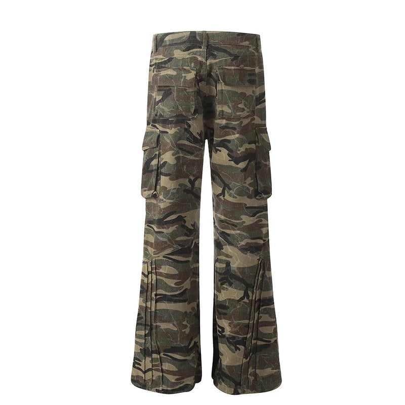 Pleated Camouflage Cargo Flare Pants Men Retro Safari Wide leg Pocket Trousers Men