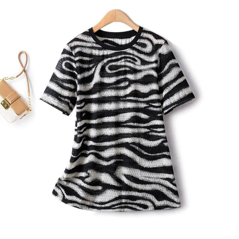 Woman Blouse Zebra Pattern Cool Hollow Straight Stretch Chiffon Summer Women T-shirts