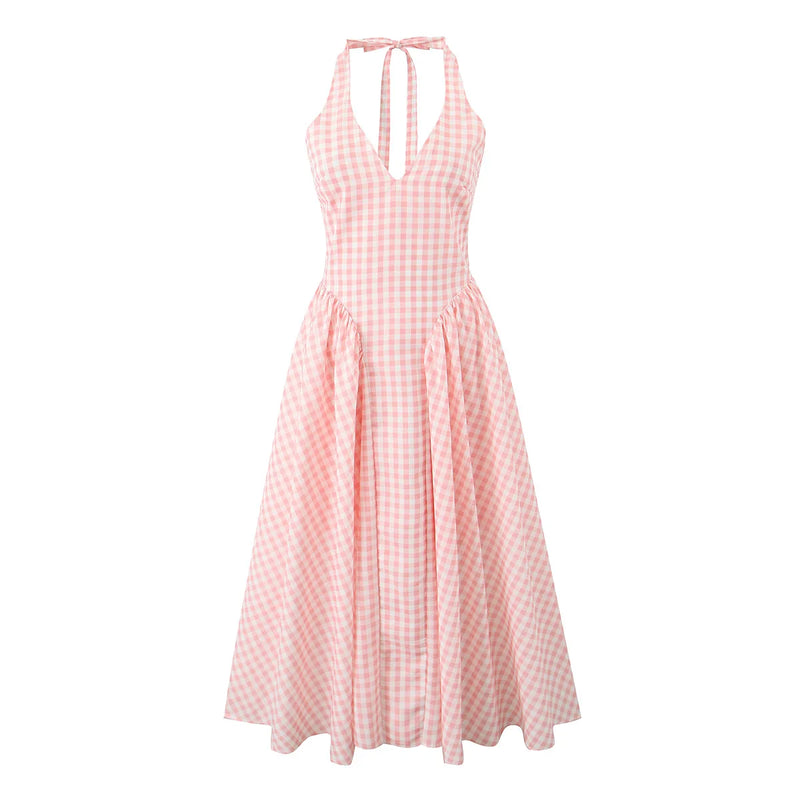 Holiday Plaid Bow Halter Sling Midi Dress Women Pleated Swing Backless Beach