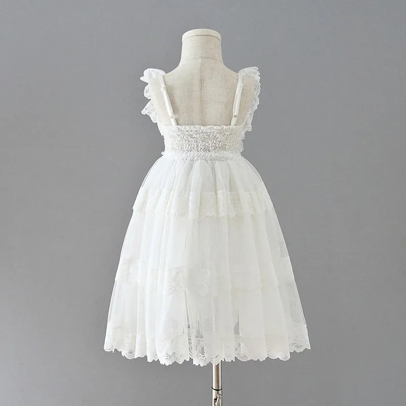 Summer Kids Girl Party Dress Collar Lace Waves Solid Princess Formal Dresses