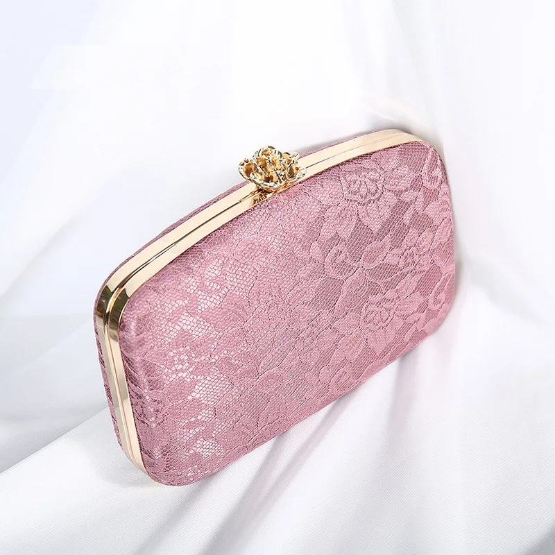 Female Bag Pink Lace Evening Clutch Purse Handbags Luxury Designer Bag Chain Bride Wallet