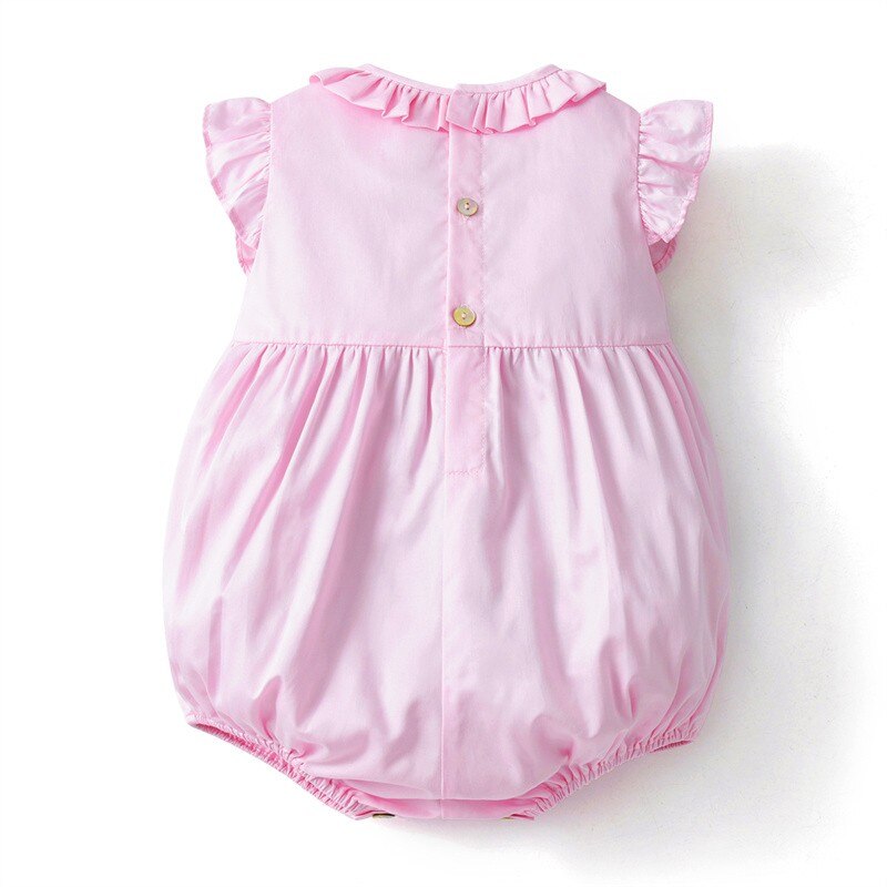 Baby Girl Smocked Romper Children Hand Made Pink Bubbles Ruffle Collar Cotton Clothes