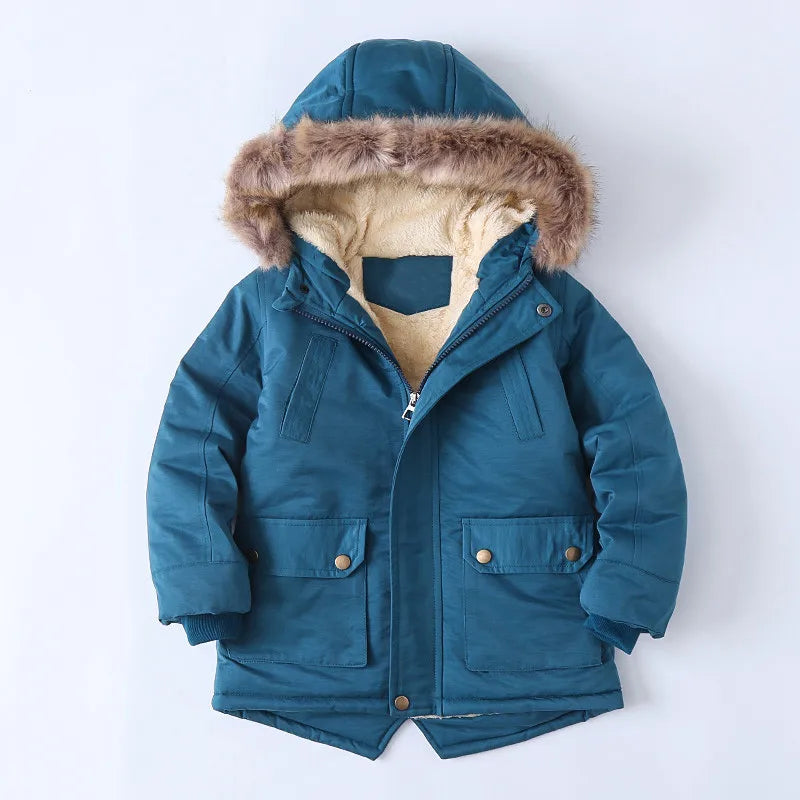 Winter Boys Jacket Fur Collar Thickening Hooded Cotton Coat For Kids Keep Warm Clothing