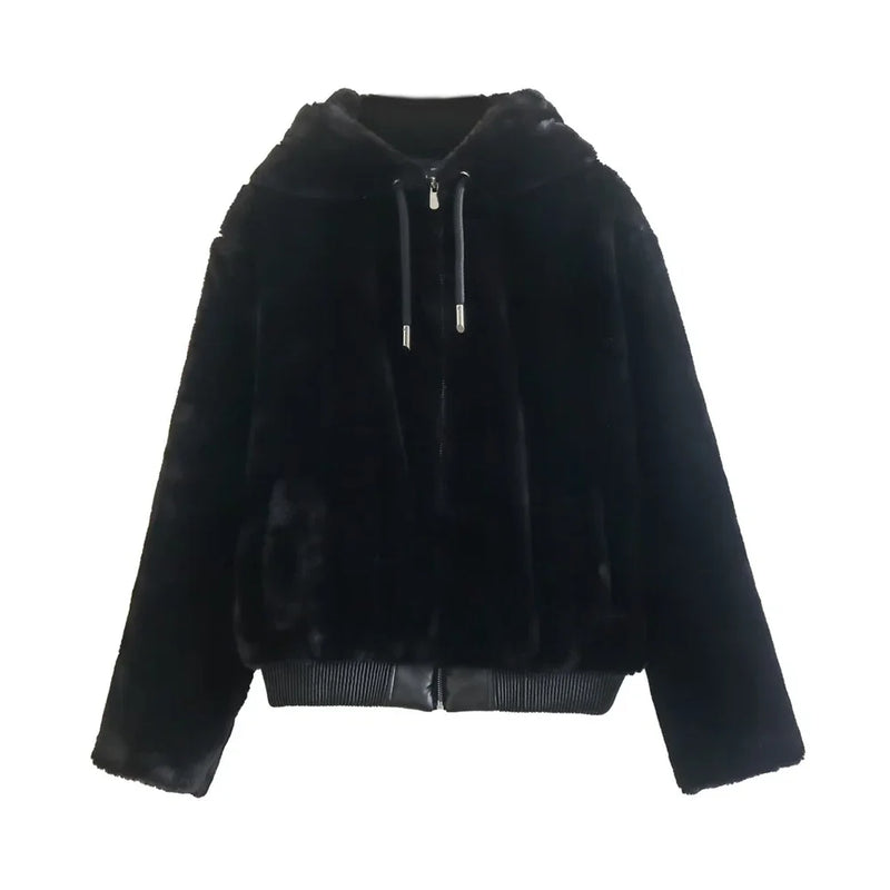 Women Thick Warm Faux Fur Hooded Jacket Coat Vintage Front Zipper Female Outerwear Chic Tops