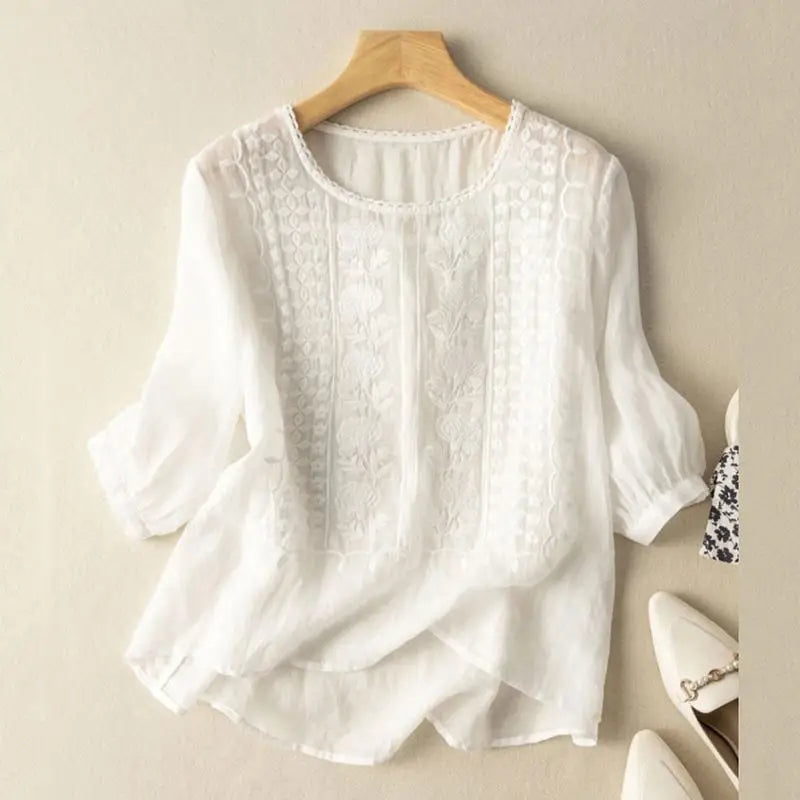 Summer Women Tops Casual Embroidery Shirt Solid Party Work Blouses Crochet Blouse