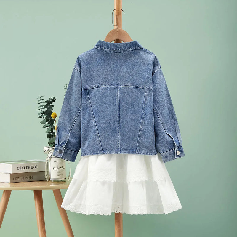 Denim Jacket with White Lace-Trim Dress for Girls