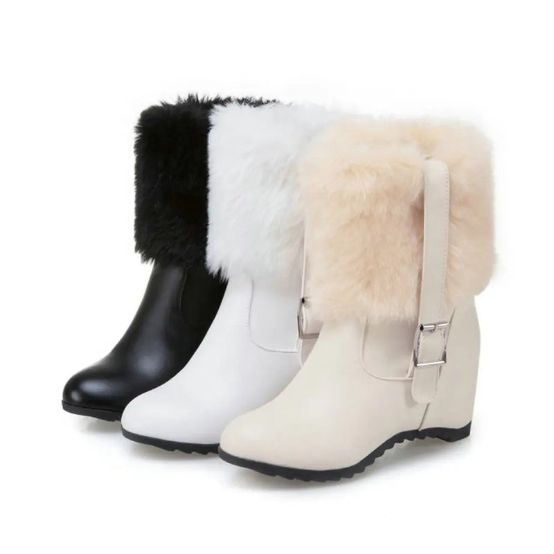 Women Plush Snow Boots with Belt Buckle Thick Heel Winter Warm Height Increase Trendy Platform Shoes