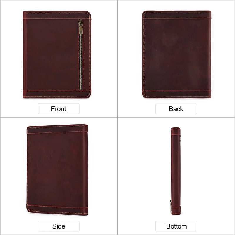 Zippered Genuine Leather Business Portfolio Carrying Organizer Business Card Phone Pocket Pen Slots for IPad Tablet Holder