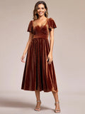 Elegant Evening Dresses Tea Length Velvet Wedding Guest Dress