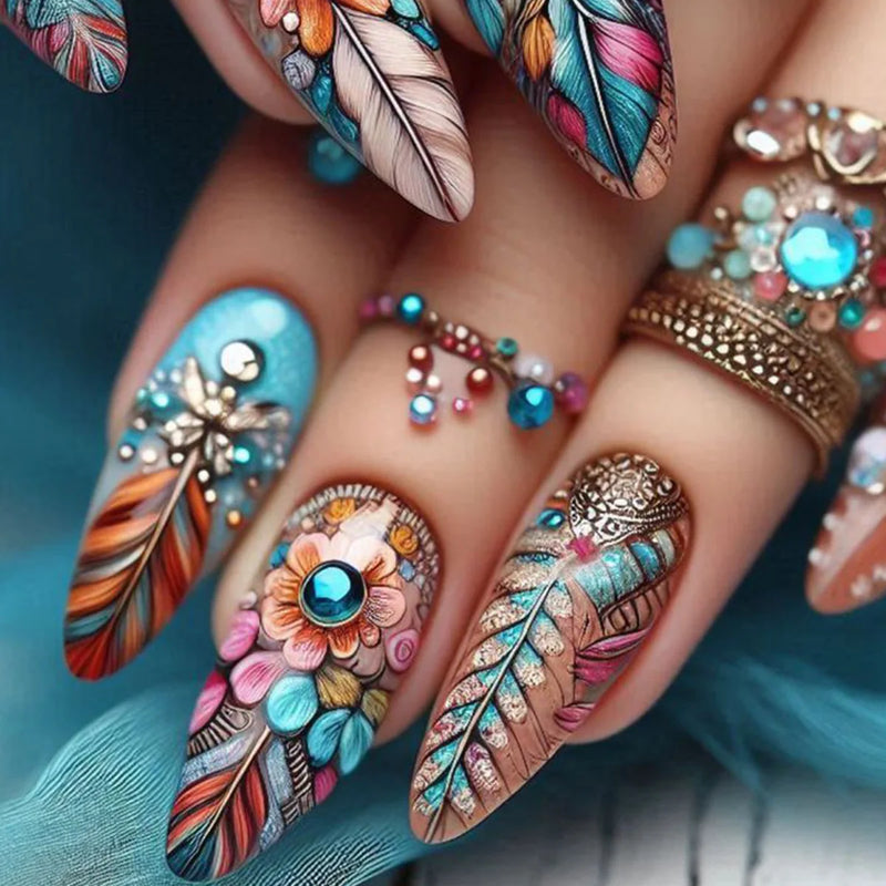 Feathers Press on Nails Diamond Fake Nails Set Floral Pattern Wearable Acrylic Nails Almond Press on Nail Tips