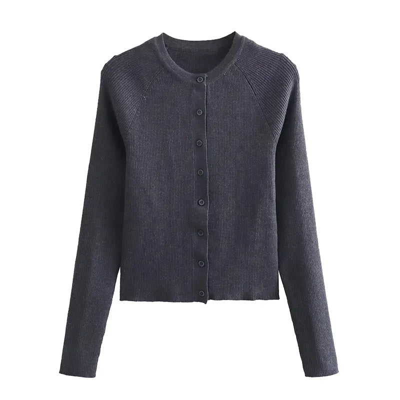 Women Dark Slim Rib Knit Cardigan Autumn Slim Sweater Outerwear