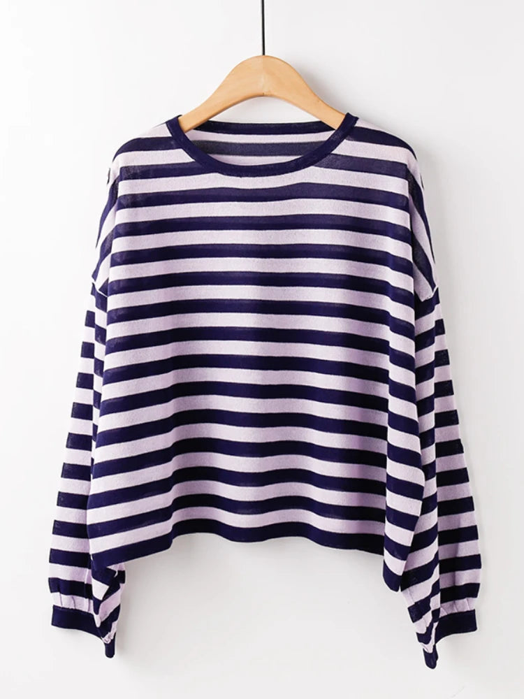 Striped Knitted Women T-Shirts Summer Lantern Sleeved Loose Elegant Female Pulls Tops Tees