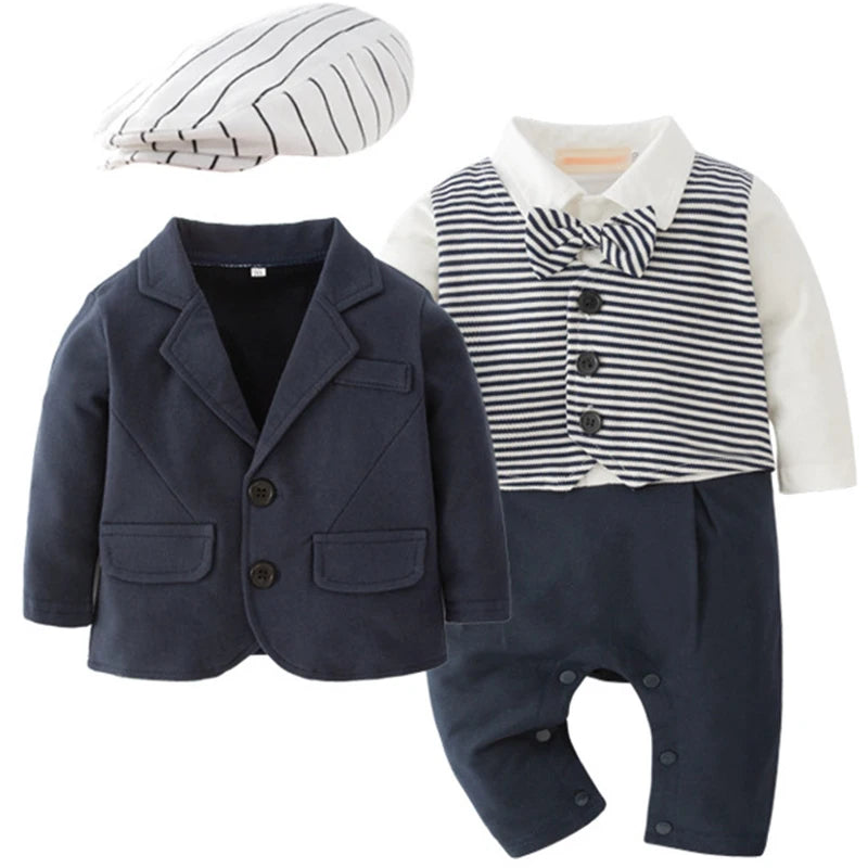 Baby Boys Set Casual Gentleman Coat Stripe Jumpsuit Kids Boutique Clothes