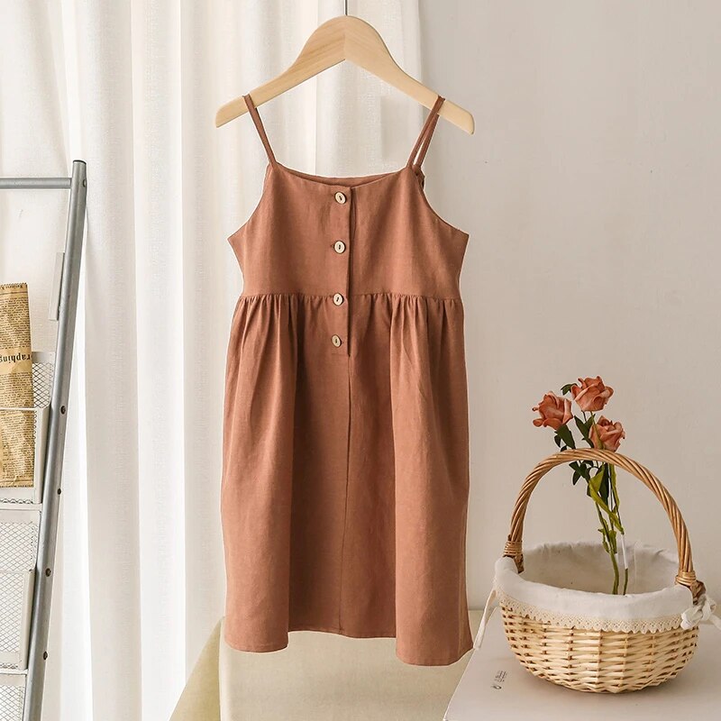 Linen Girl Summer Dress Casual Strapless Button Dress For Kids Girl