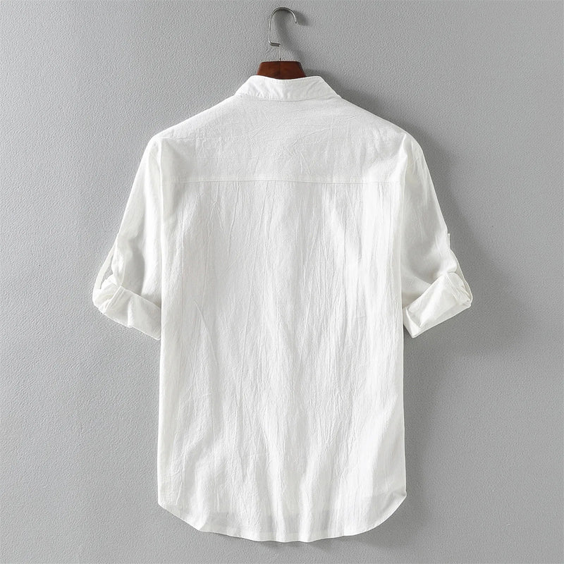 Men Summer Shirts Stand-up Collar Mid-sleeve Shirt Cotton Linen Loose