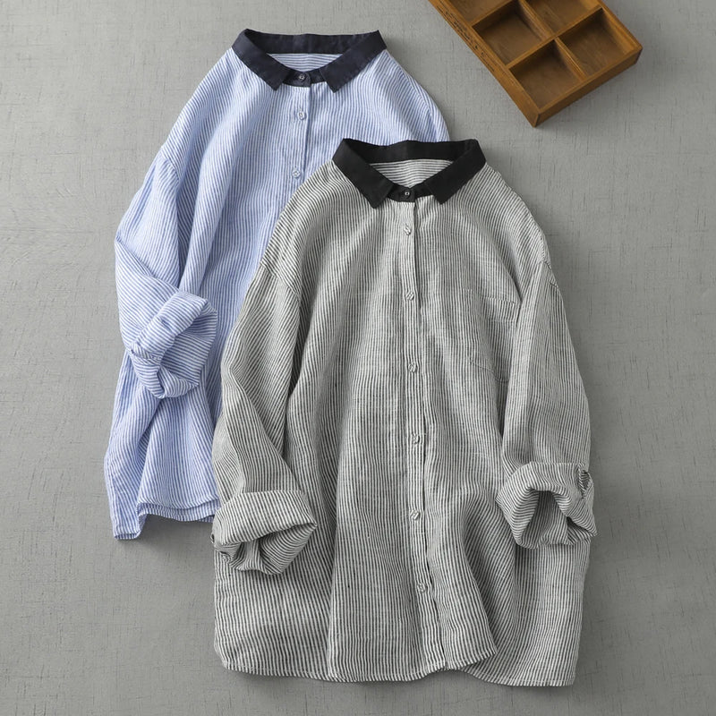 Striped Linen Blouses Women Casual Striped Shirts Long Sleeve Tops Office Work Wear Clothes