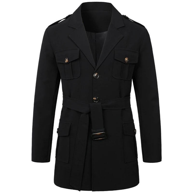 Mens Spring Autumn Windbreak Overcoat Long Trench Coats with Belt for Men Coat Double Breasted