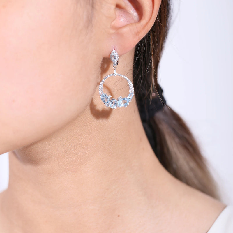 Sky Blue Statement Dangle Earrings in 925 Sterling Silver Handmade Circle Earrings Gift For Her