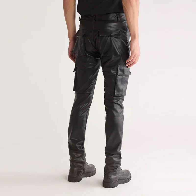 Leather Men Slim Cargo Pants Stretch Trousers Motorcycle Pant