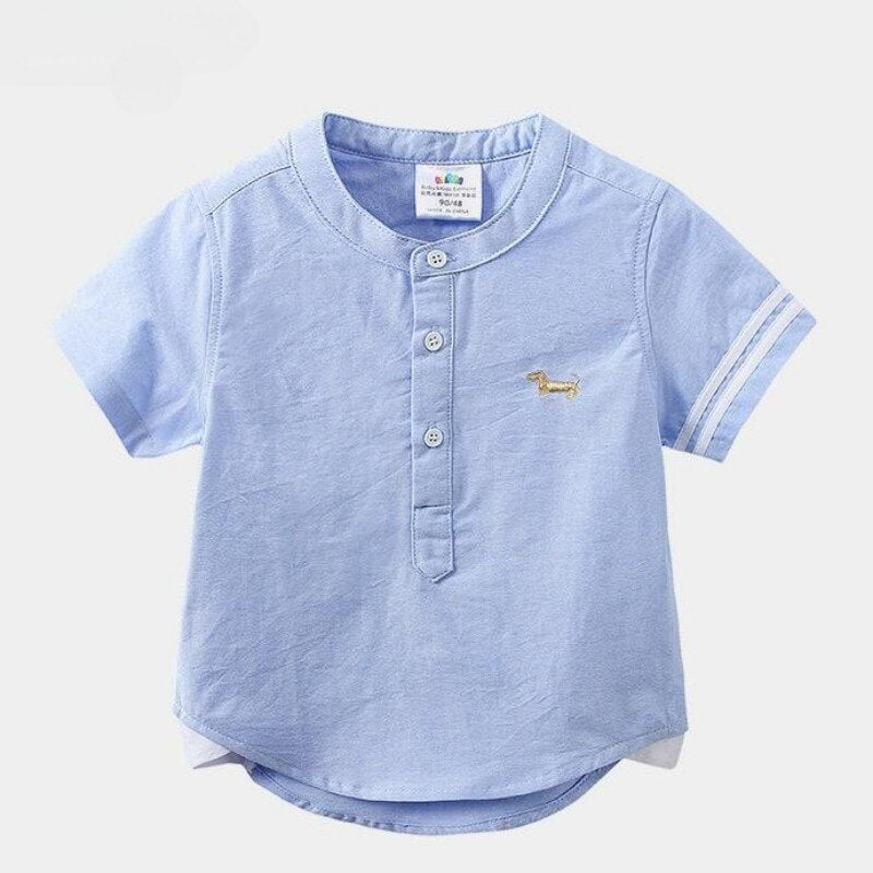Kids Birthday Gift Clothes Summer Cotton White Blue Dog Short Sleeve Mandarin Collar Boys Shirt