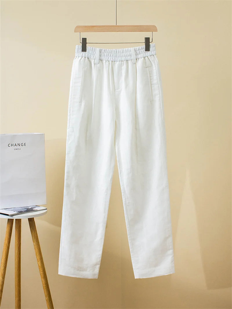 Summer Women's Solid Beaded Chain Elastic Waist Pants Linen Harlem Pants