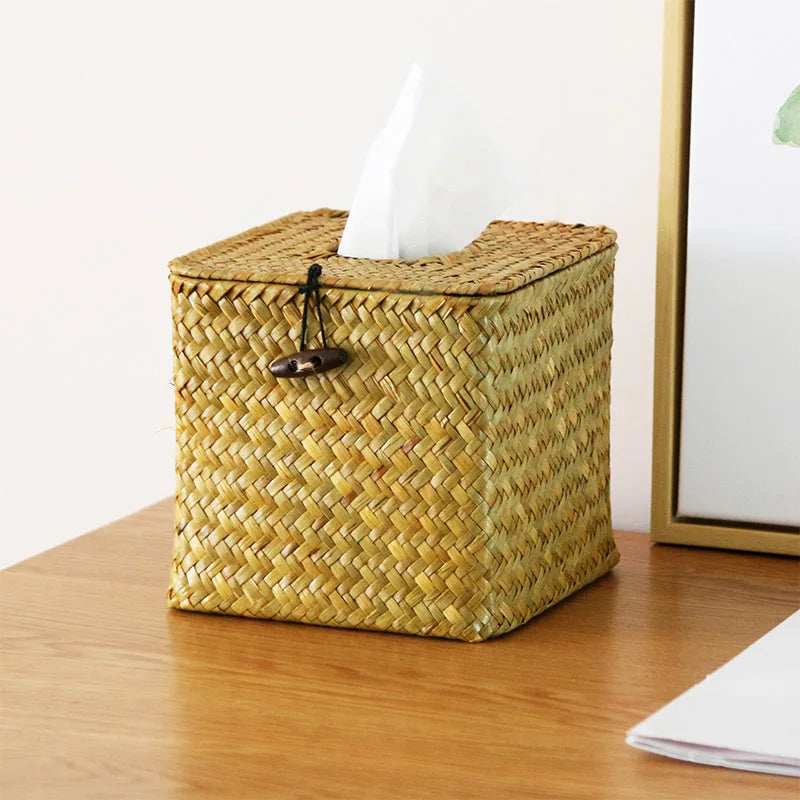 Straw Tissue Box Handmade Woven Napkin Holder Box Roll Paper Tray Car Living Room Storage Box Home Decor