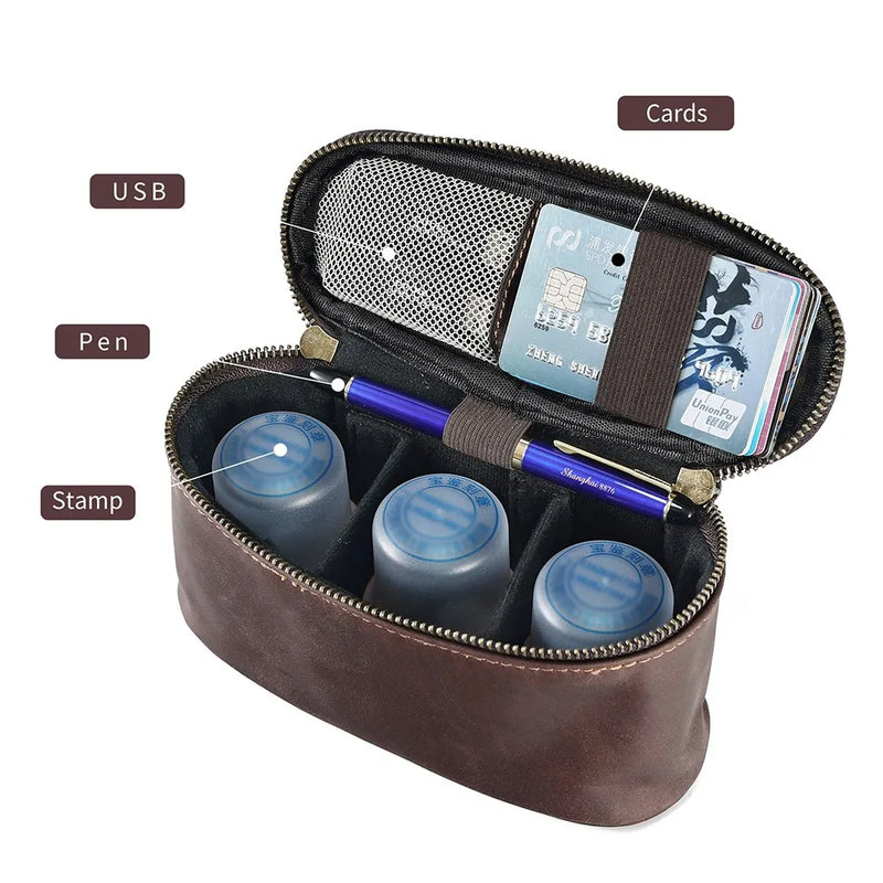 Genuine Leather Portable Official Seal with Pen Slots Organizer Box Accessories with Card Holder