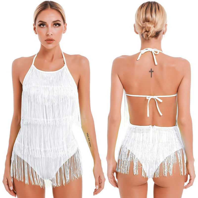 Womens Latin Samba Dance Costume Lace-up Halter Tassel Bodysuit Backless Fringed Jumpsuit Party Dancewear