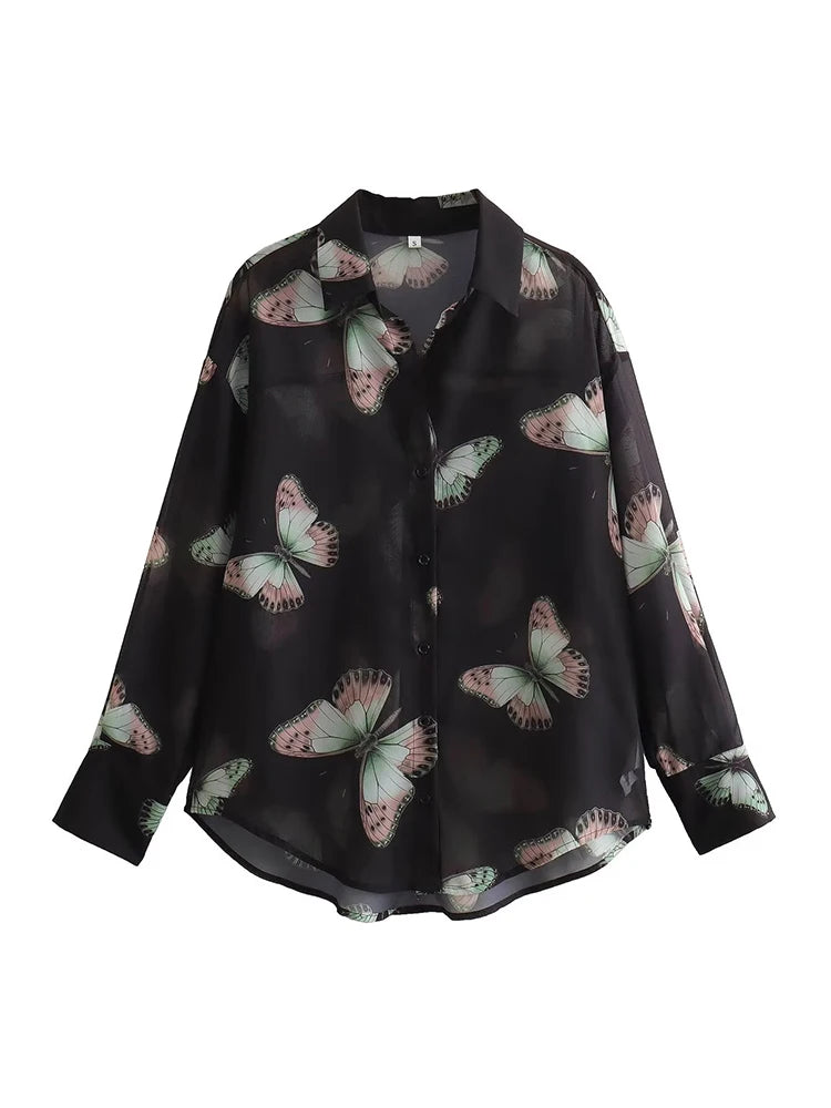 Women Butterfly Shirt Long Sleeve Lapel Collar Ladies Casual Chiffon Blouse Loose