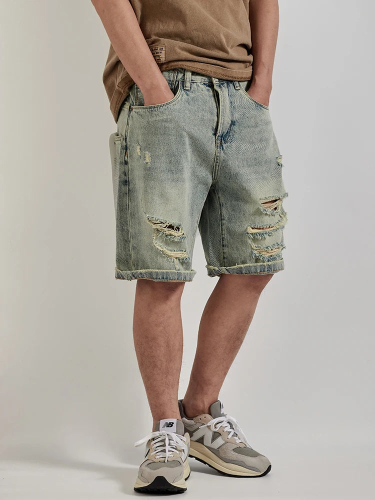 Summer American Retro Holes Denim Shorts Men's Washed Old Loose Straight Casual Knee Length Pants