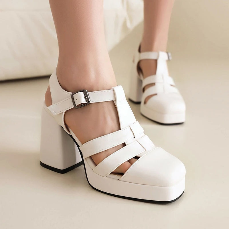 Back Strap Ankle Buckle Breathable Women Sandals High Thick Heel Sandals