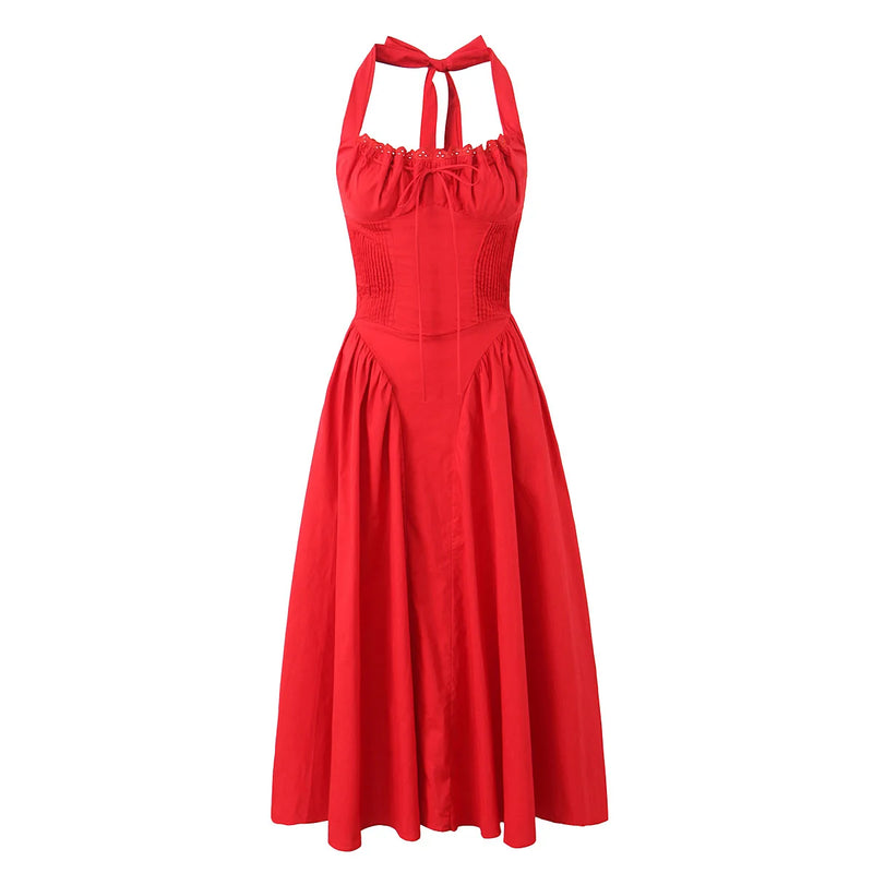 Red Corset Style Bow Halter Dress Spliced Lace Drawstring Rope Chest Pleated Slim Low Waist Folded Swing Midi Robe