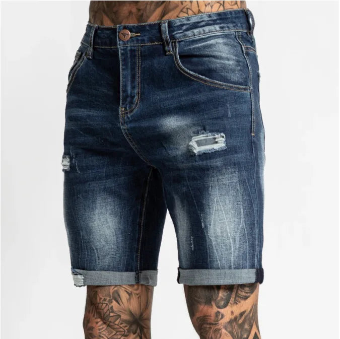 Men Stretch Short Jeans Casual Slim Fit Elastic Denim Shorts Male Hole Out Short Jeans