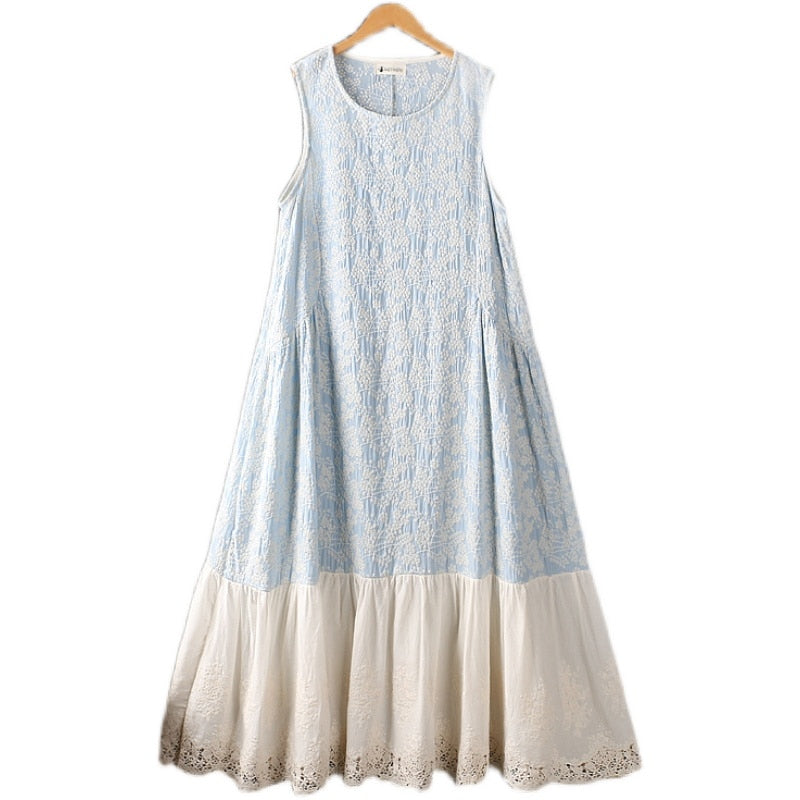 Summer Sweet Embroidered Dress Women Round Neck Casual Sleeveless Dress