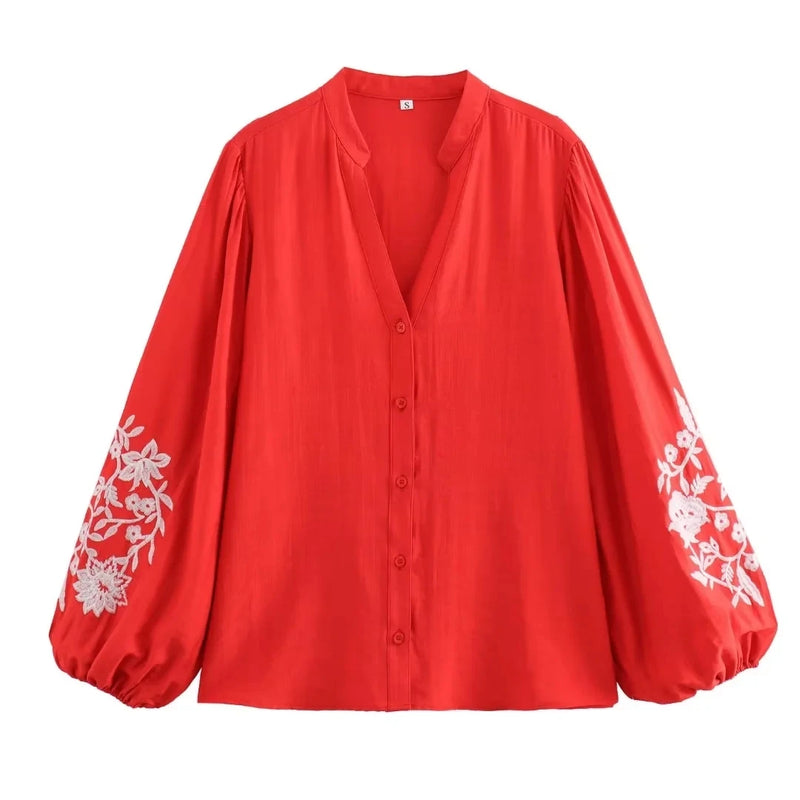 Women Floral Embroidered Blouse Loose Casual Shirt Female Streetwear Red Shirts Top