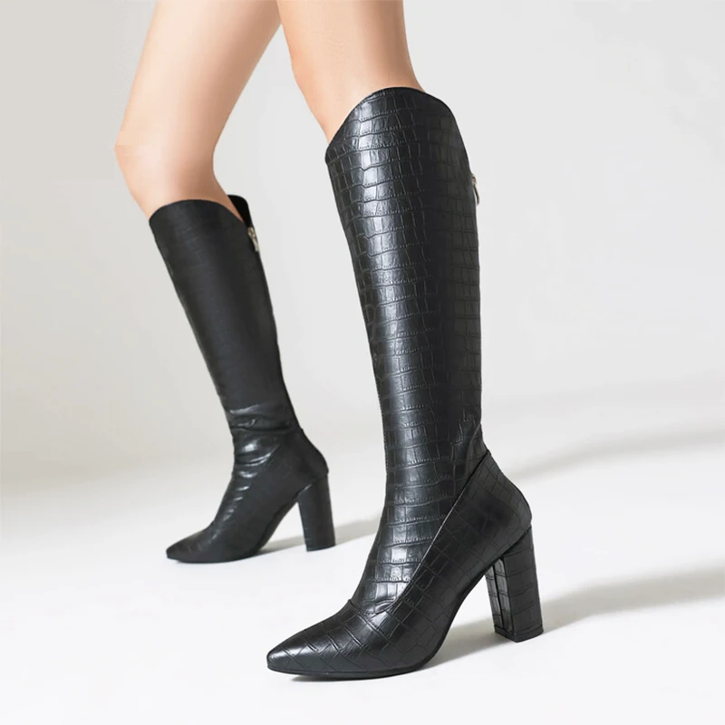 Autumn Winter Knee-High Long Boots Women Rear Zipper Stone Pattern Party Shoes High Heel Boots Female