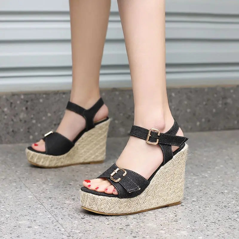 Sandals Peep Toe Jute Wedges Denim Buckle Straps Summer