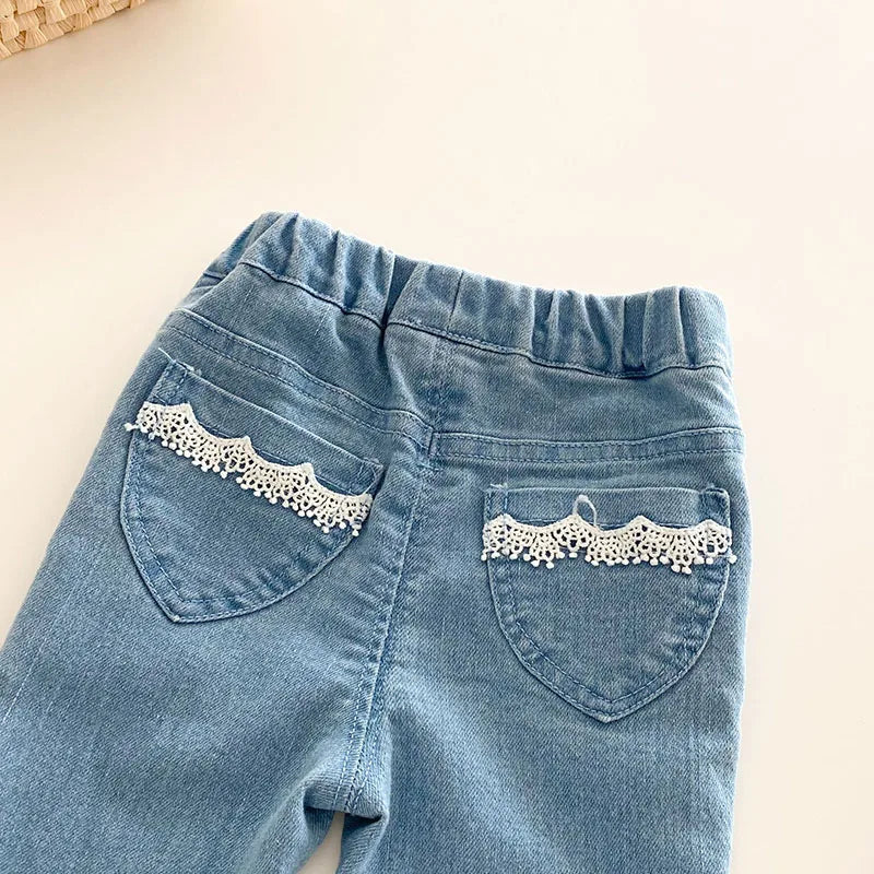 Spring Kids Jeans Trousers Children Girls Cute Bow Denim Blue Pants